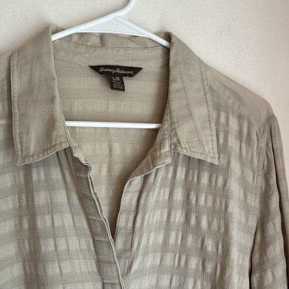 Tommy Bahama Women’s 100% cotton collared shirt stripped tan cover up tunic LG - Picture 4 of 10